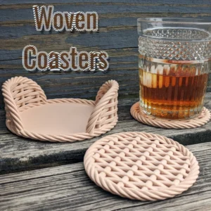 Flet · glasbrikker. Kildeudgiverens foto af modellen Woven Coasters; original farve. Foto: JamesThePrinter.